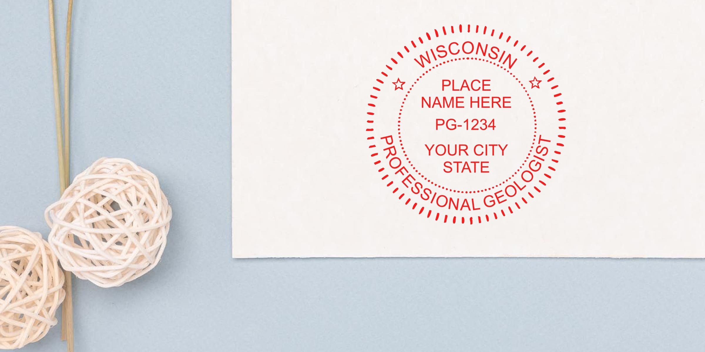 Wisconsin Professional Geologist Stamp on white paper next to decorative wicker balls on a blue background, symbolizing the choice of a Geologist Stamp.
