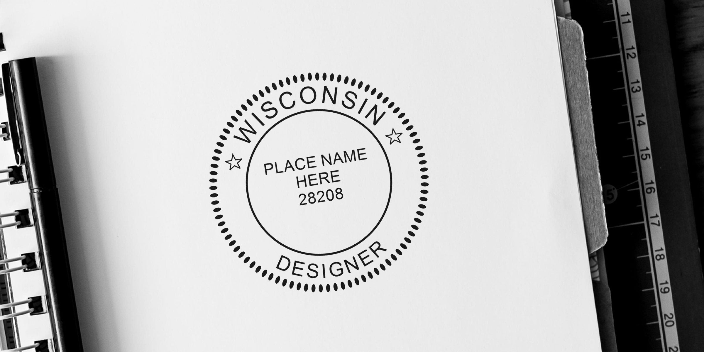 Custom Wisconsin interior designer rubber stamp on white paper with black ink, featuring a design checklist, office supplies, and ruler background, personalized for business use.