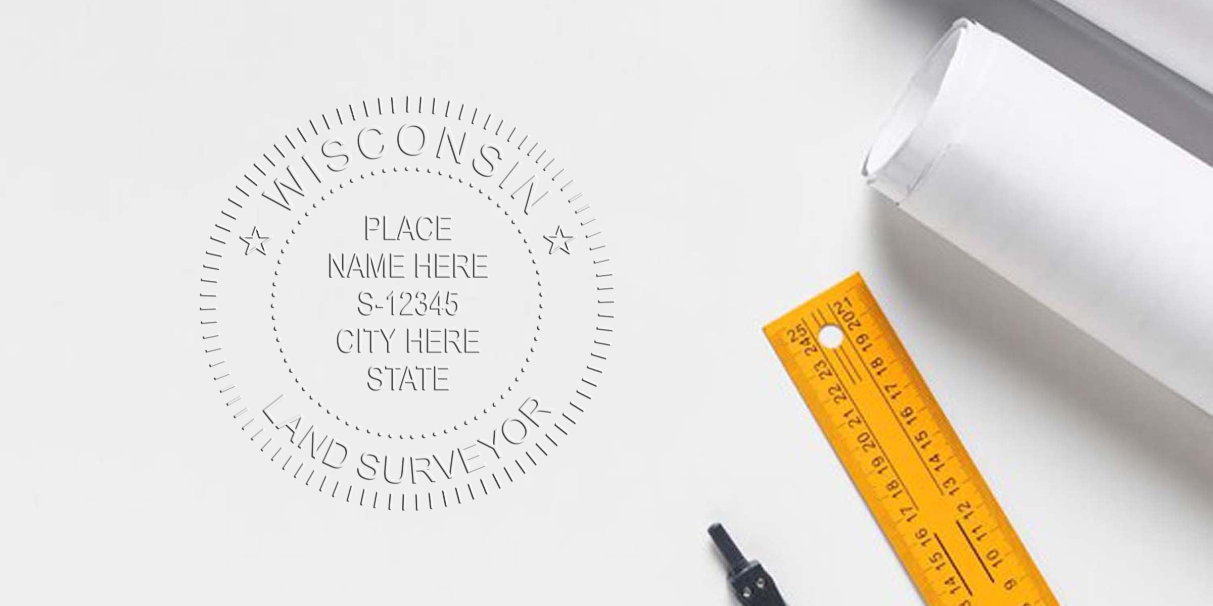 Custom Wisconsin land surveyor stamp with blueprint and tools, showcasing color options for professional land surveying services.