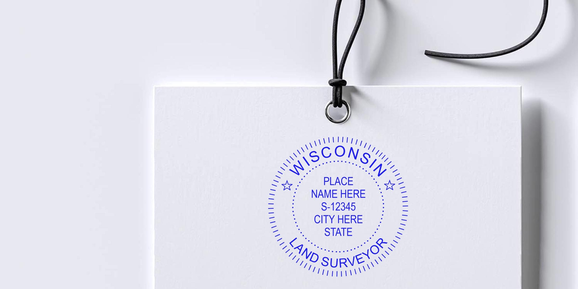 Wisconsin land surveyor seal on white tag with black string, showing official design per land surveyor seal guidelines, a professional certification badge.