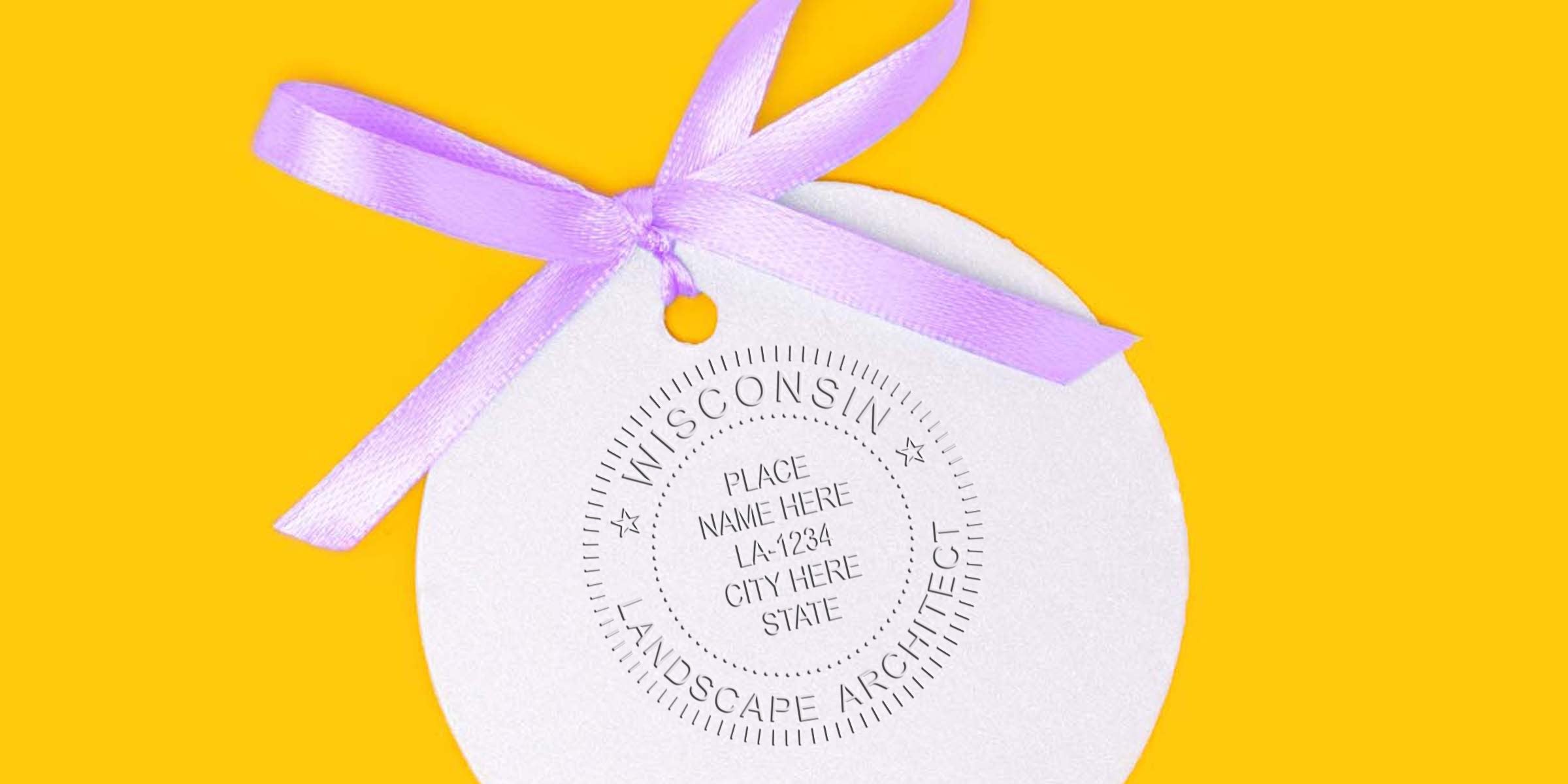 Custom round white tag with purple ribbon on yellow background, displaying Wisconsin landscape architect license and stamp rules.