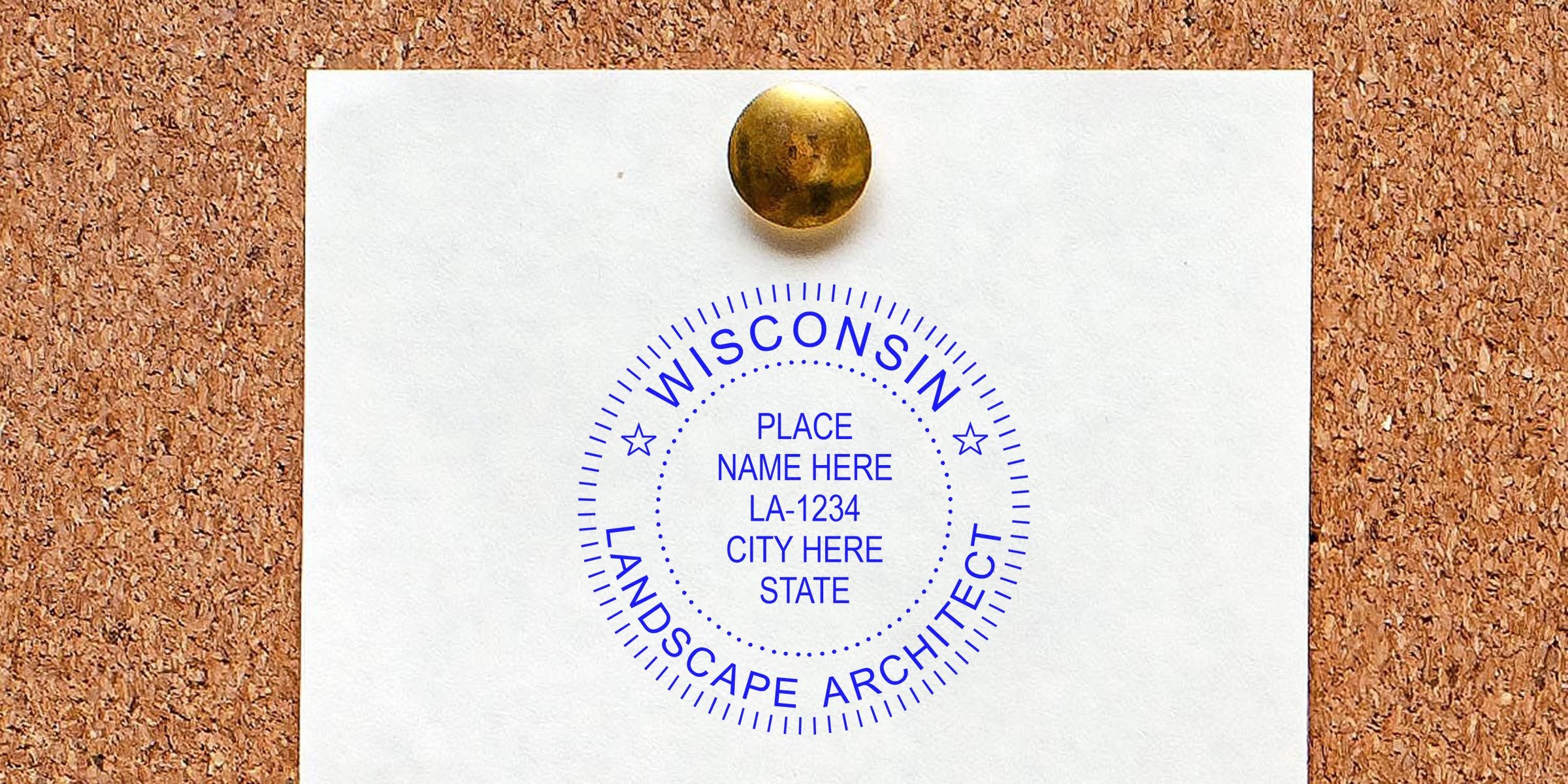 Wisconsin landscape architect stamp on corkboard paper shows place name and city details, highlighting compliance with Wisconsin landscape architect regulations.