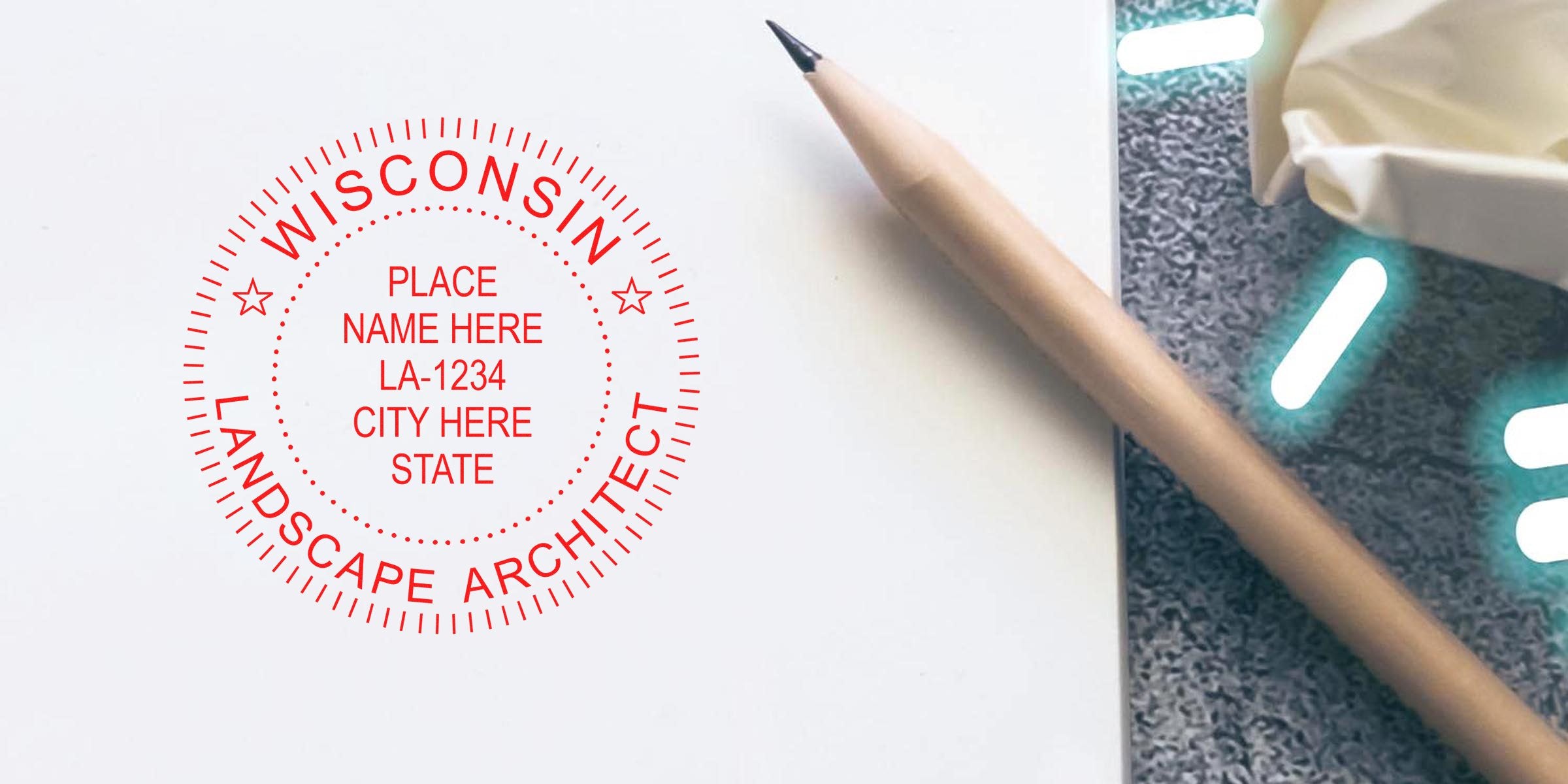 Wisconsin Landscape Architect Stamp with pencil on white paper for certification and license design approval.