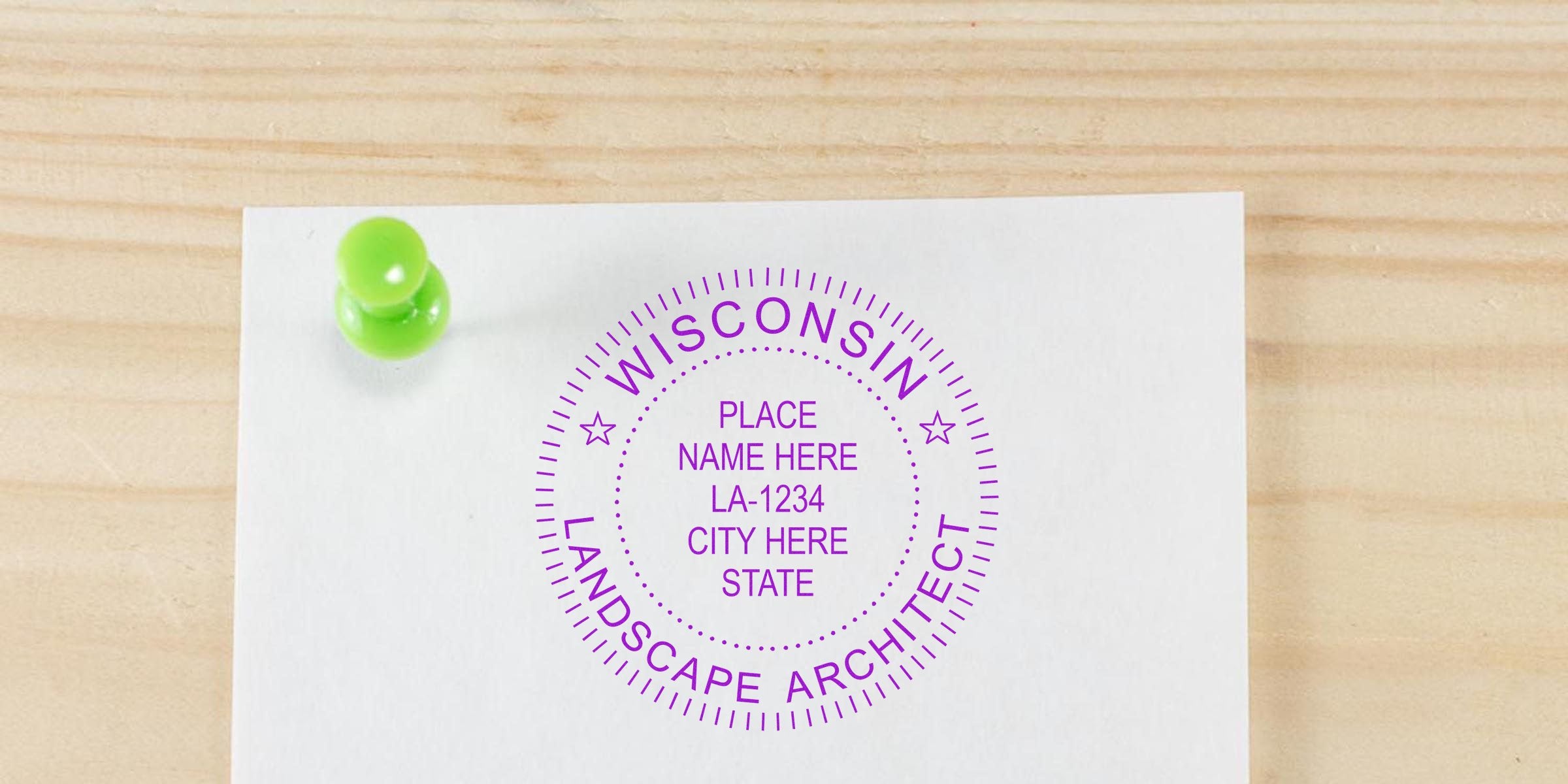 Wisconsin landscape architect stamp on white paper pinned with a green pushpin on wood, ideal for anyone seeking to buy a landscape architect stamp.