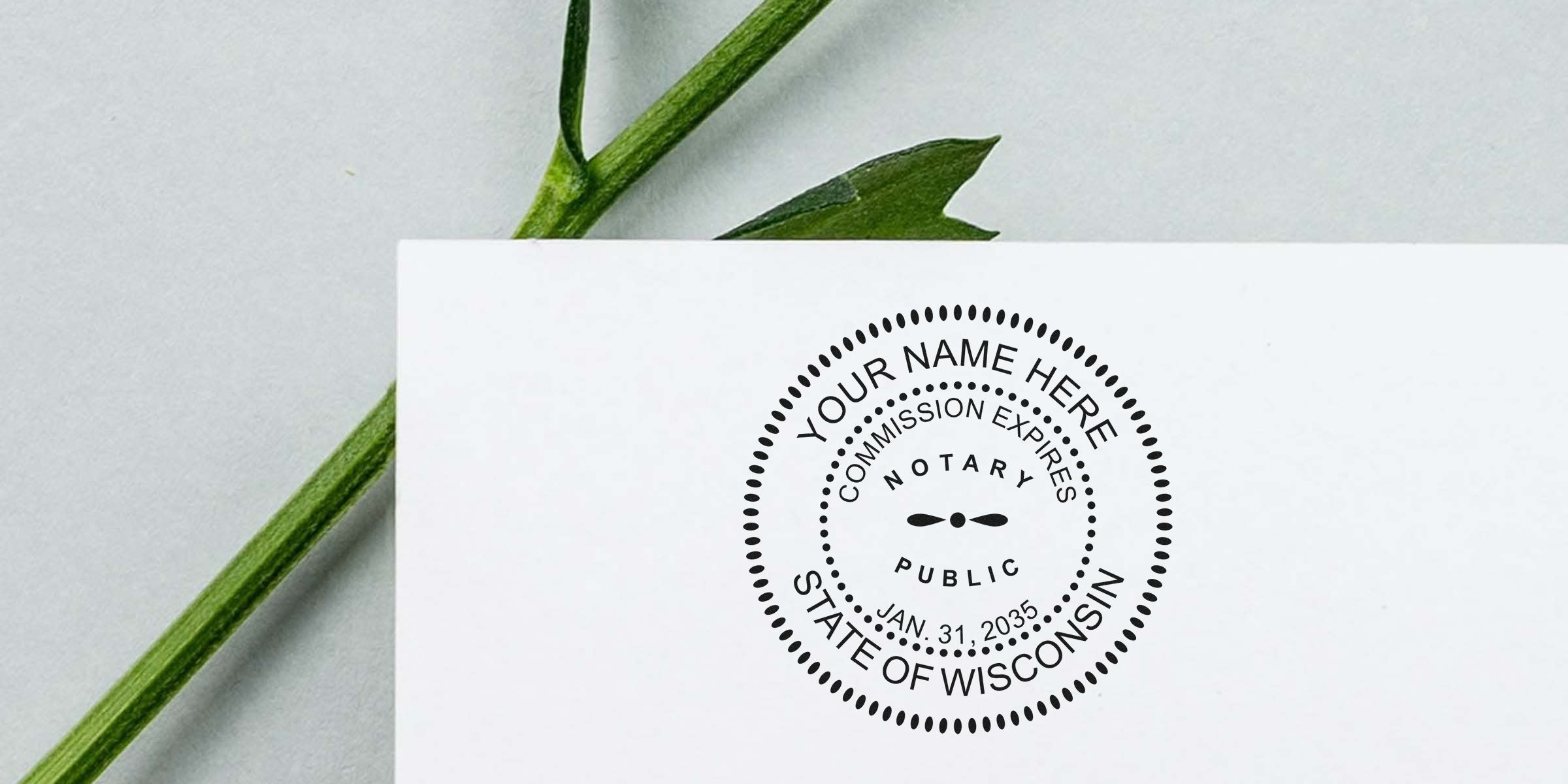 Wisconsin notary seal on white paper with commission expiration date. Purchase your notary seal online today.