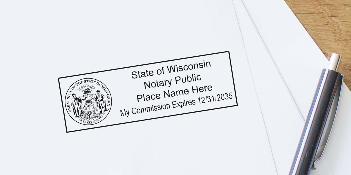 Wisconsin notary seal stamped on white paper with pen, complying with Wisconsin notary public rules for official notarization.