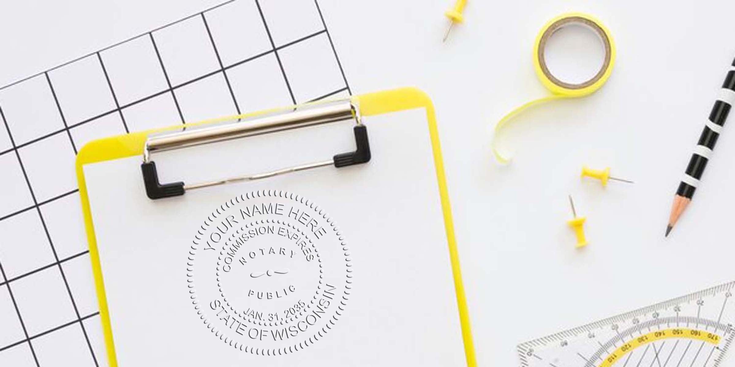 Yellow clipboard with WI notary seal, office supplies, and stationery on white grid background, showcasing the benefits of a WI notary seal and advantages of a professional seal for document certification and notary services.