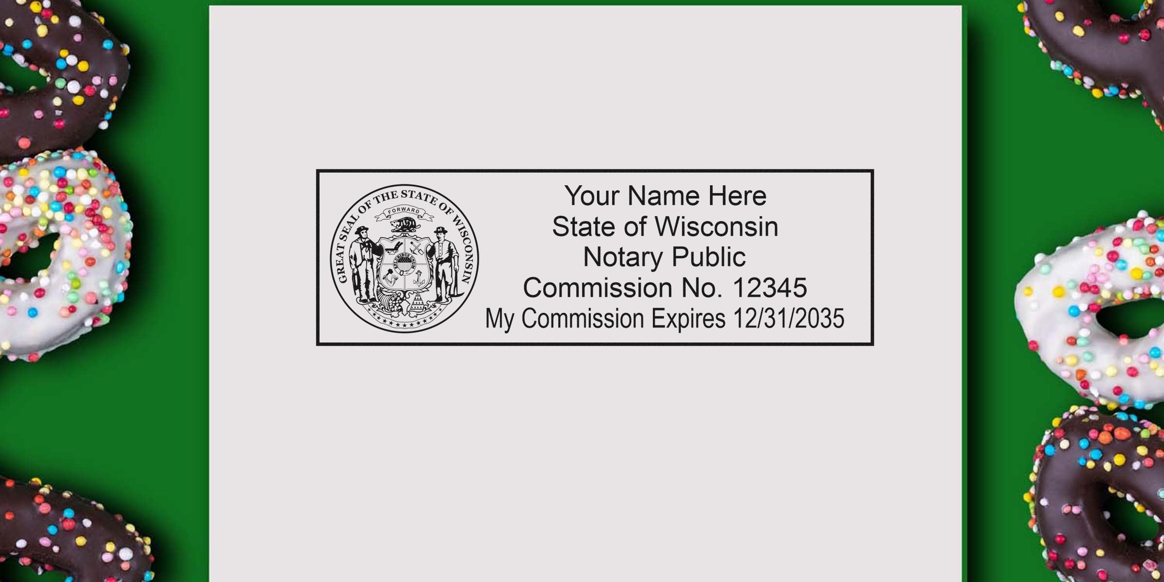 Wisconsin Notary Public Seal stamp with commission number and expiration date on white background, surrounded by colorful sprinkled donuts on green surface, showing Notary Seal Wisconsin.