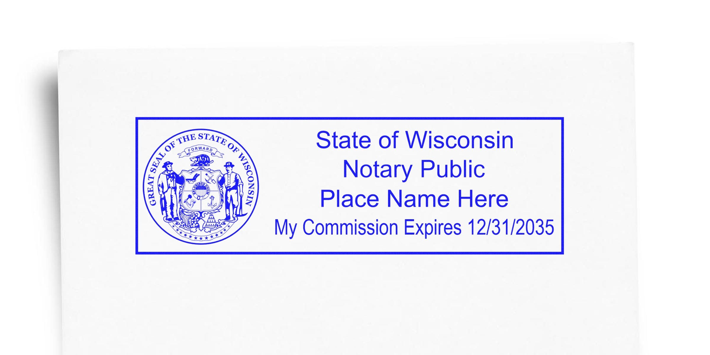 Wisconsin notary public stamp with commission expiration date and official seal, perfect for affordable notary supplies and options.