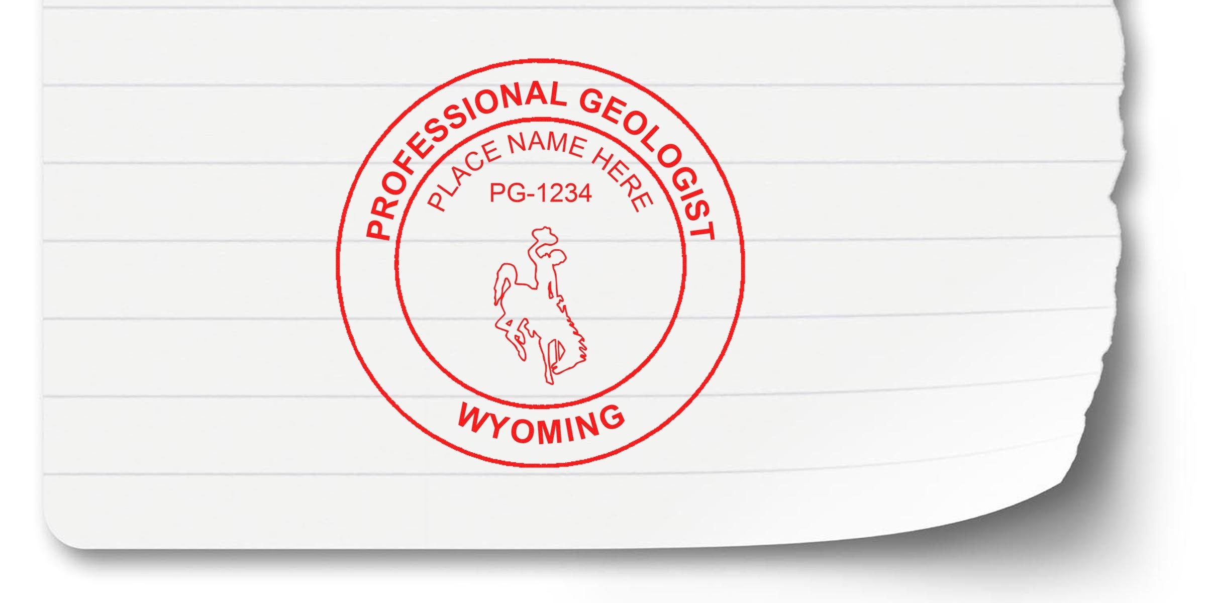 Wyoming Geologist Stamp with cowboy logo and certification number on white lined paper, perfect for Geologist Stamp purchase.