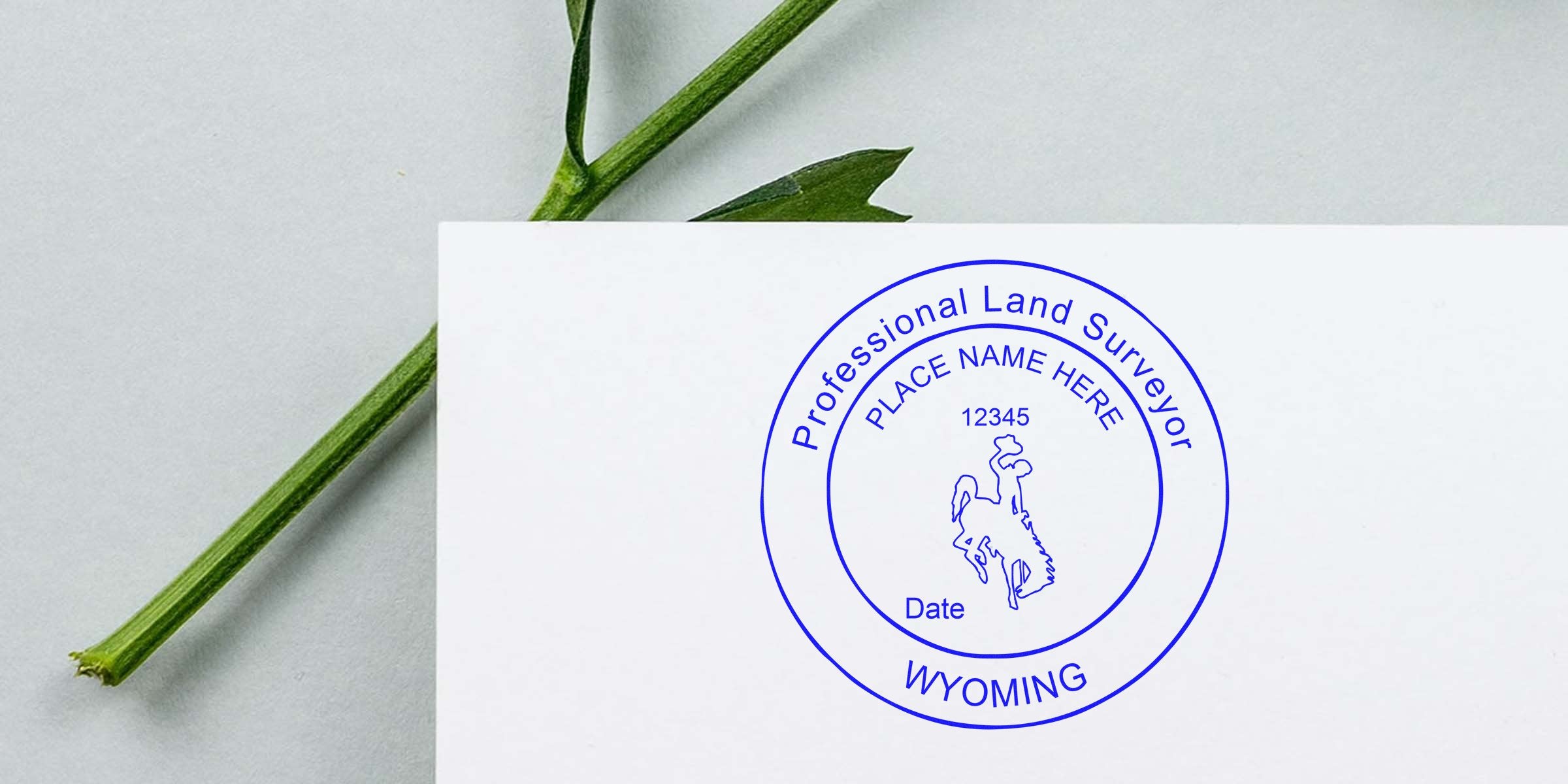 Wyoming land surveyor stamp with cowboy emblem on white paper, showcasing surveyor fees and stamp costs.