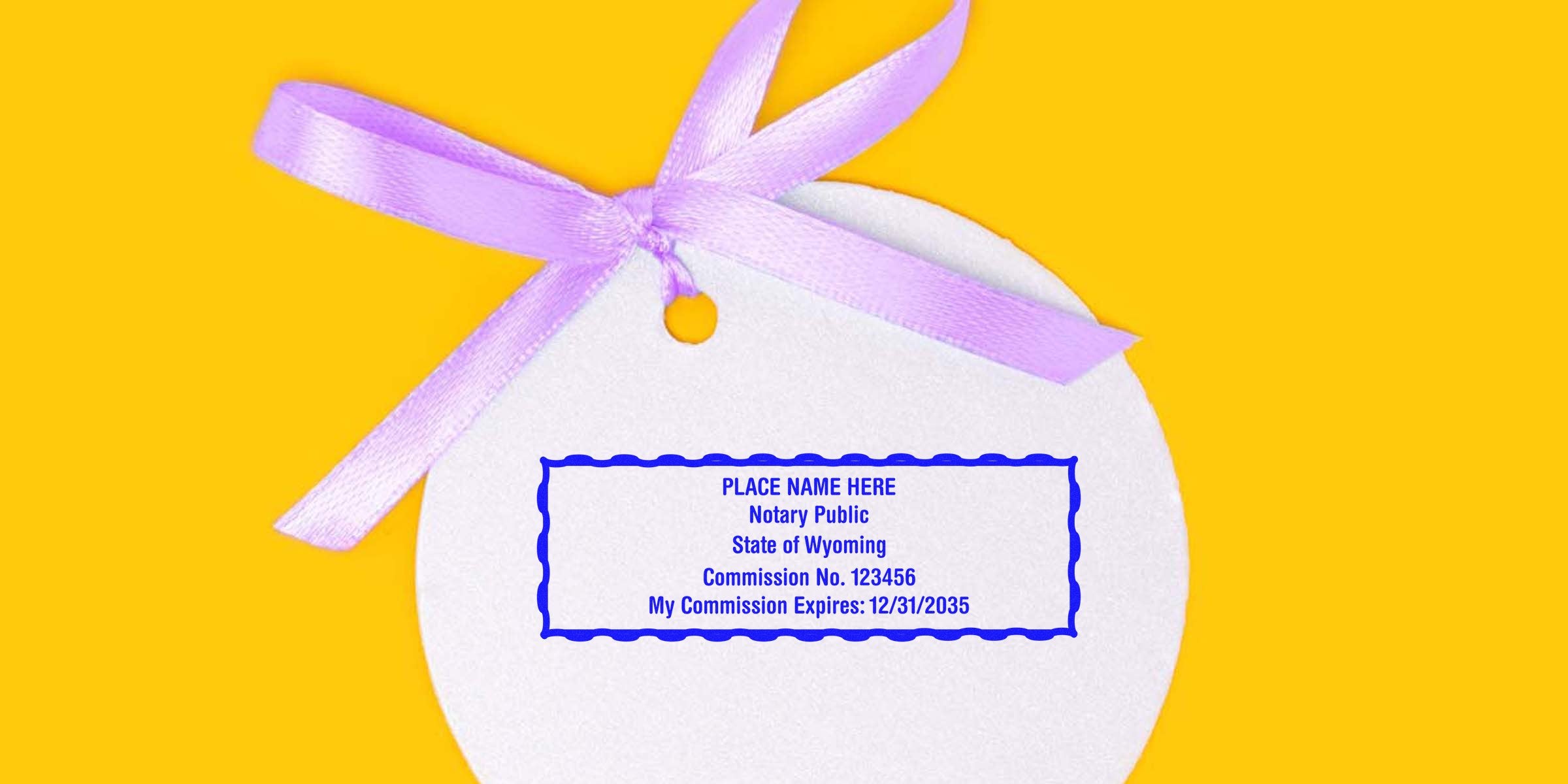 Wyoming notary seal with commission number and expiration date on white tag, attached to purple ribbon, representing trusted notary services on yellow background.