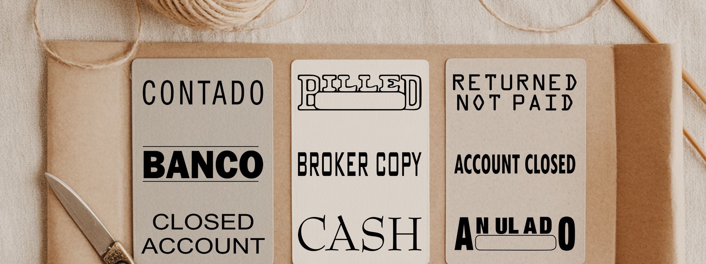 Accounting and Finance Stock Stamps: three beige payment-status cards with bold black text, twine, and scissors on a flat lay.