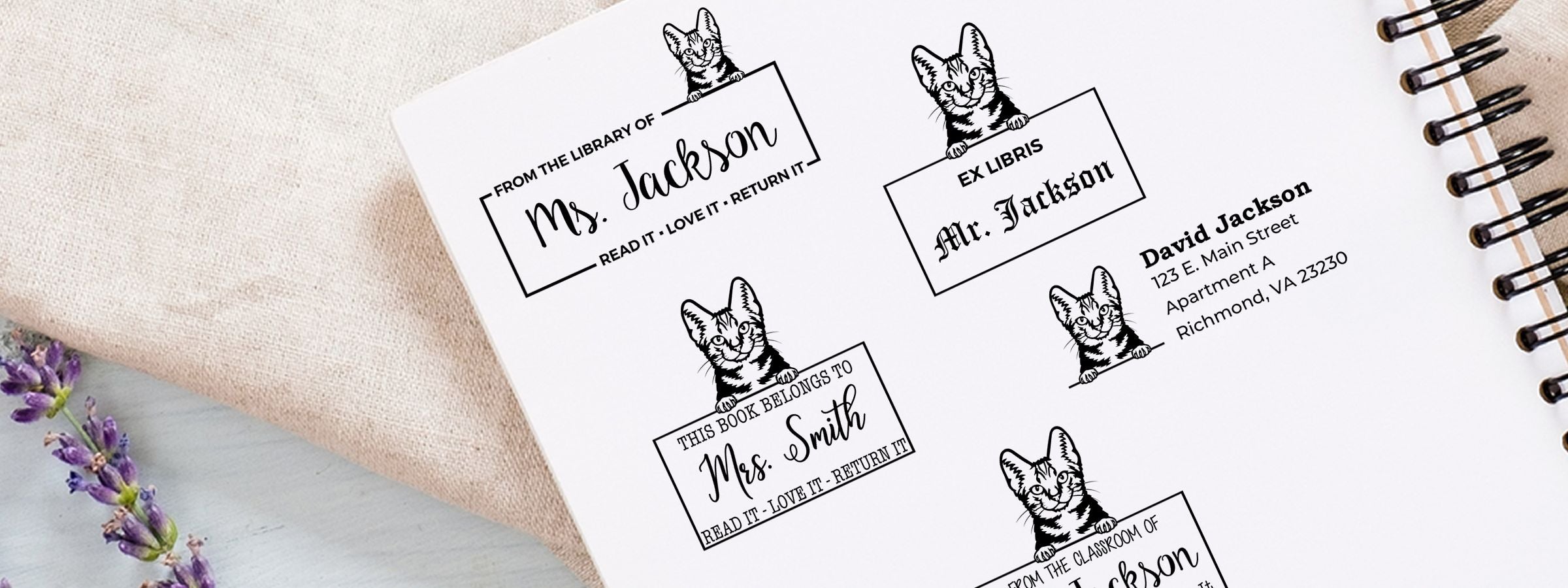 Spiral notebook page with cat ex libris designs for Mrs. Jackson, Mr. Jackson, and Mrs. Smith; American Shorthair Cat Stamps and Custom Seals