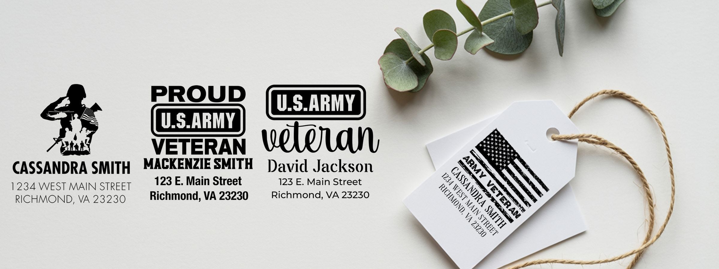Black-and-white U.S. Army veteran address label mockup with three designs, a gift tag, twine, eucalyptus, and Army Designer Stamps.