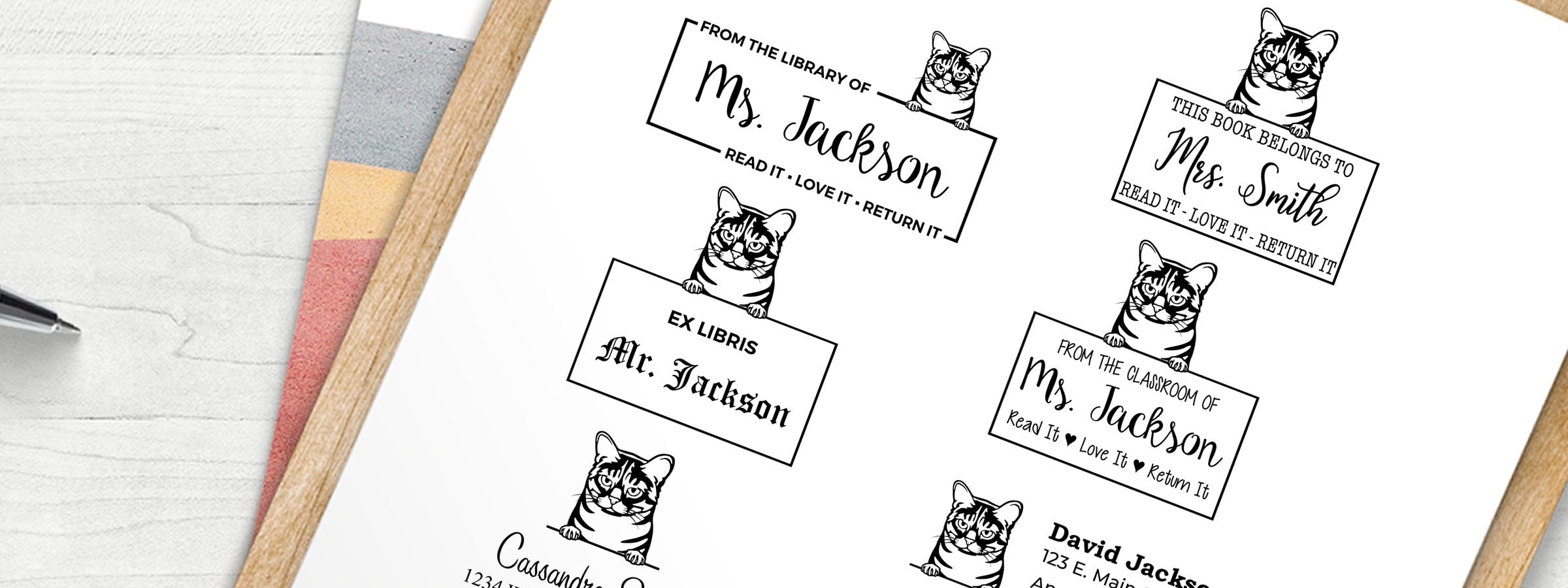Customizable cat-themed bookplate stickers with Australian Mist Cat Stamps and Custom Seals, shown with notebooks and a pen.