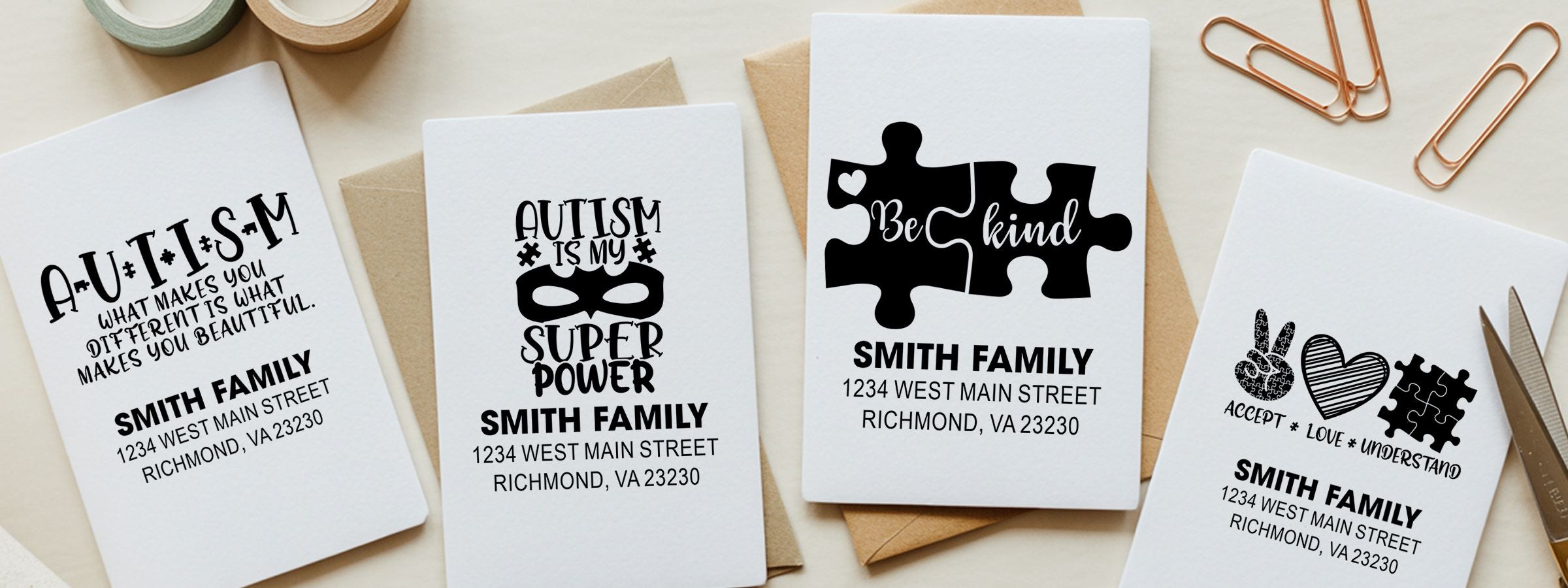 Four custom autism awareness cards with black-and-white designs, Smith Family address, and Autism Designer Stamps messages.