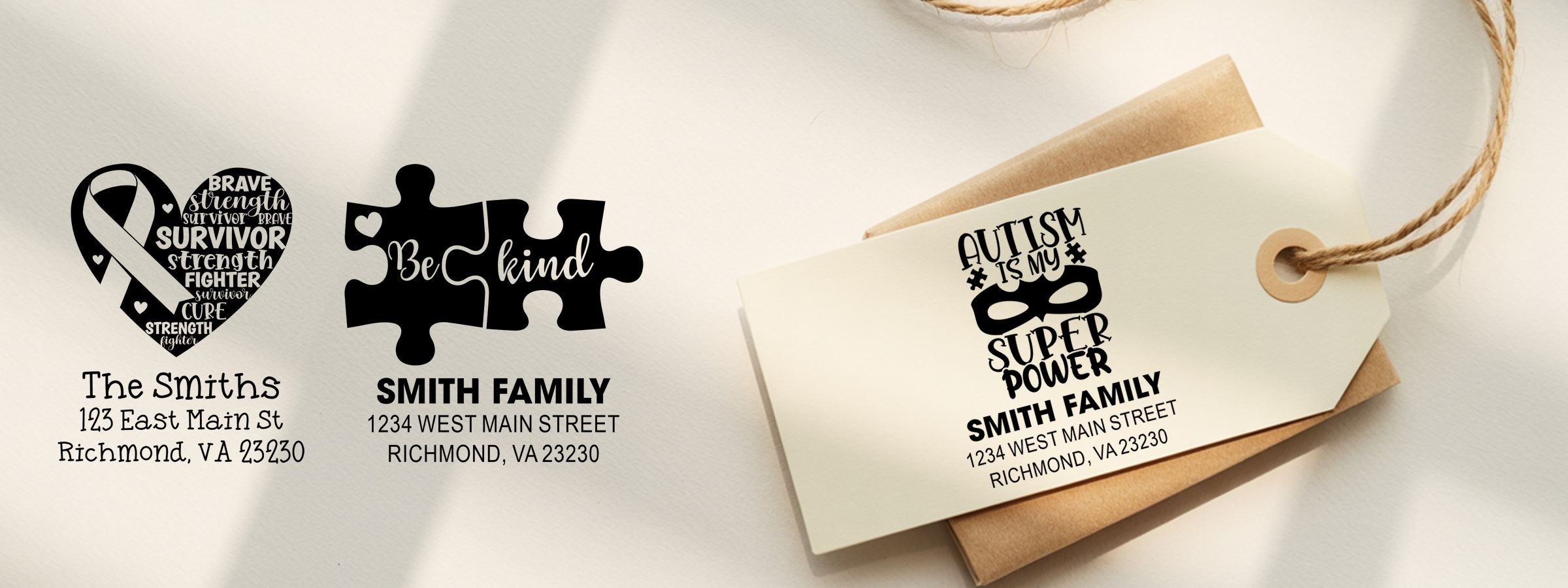 Awareness Designer Stamps showing three custom address labels: heart, puzzle pieces, and autism-themed tag on an envelope.