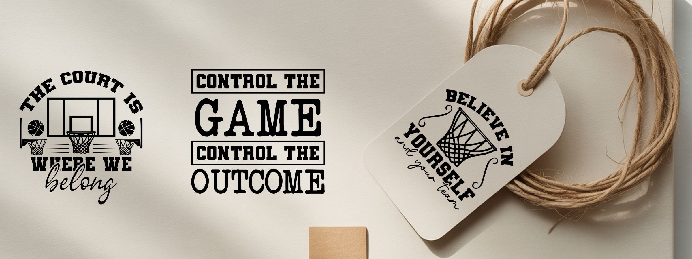 Basketball Craft Stamps: three black basketball-themed quote designs on a light background, displayed on a hanging tag with twine.