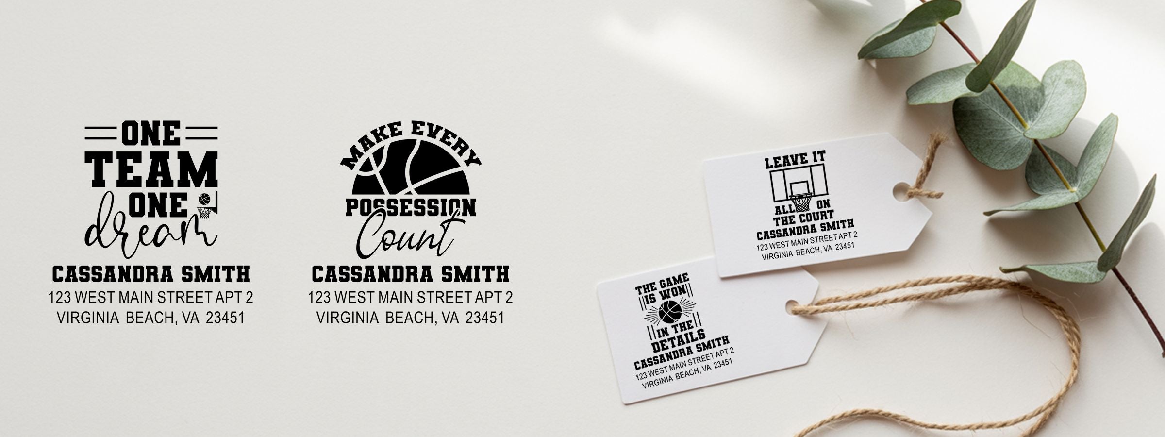 Basketball Designer Stamps on personalized gift tags with motivational phrases, Cassandra Smith, and a Virginia Beach address.