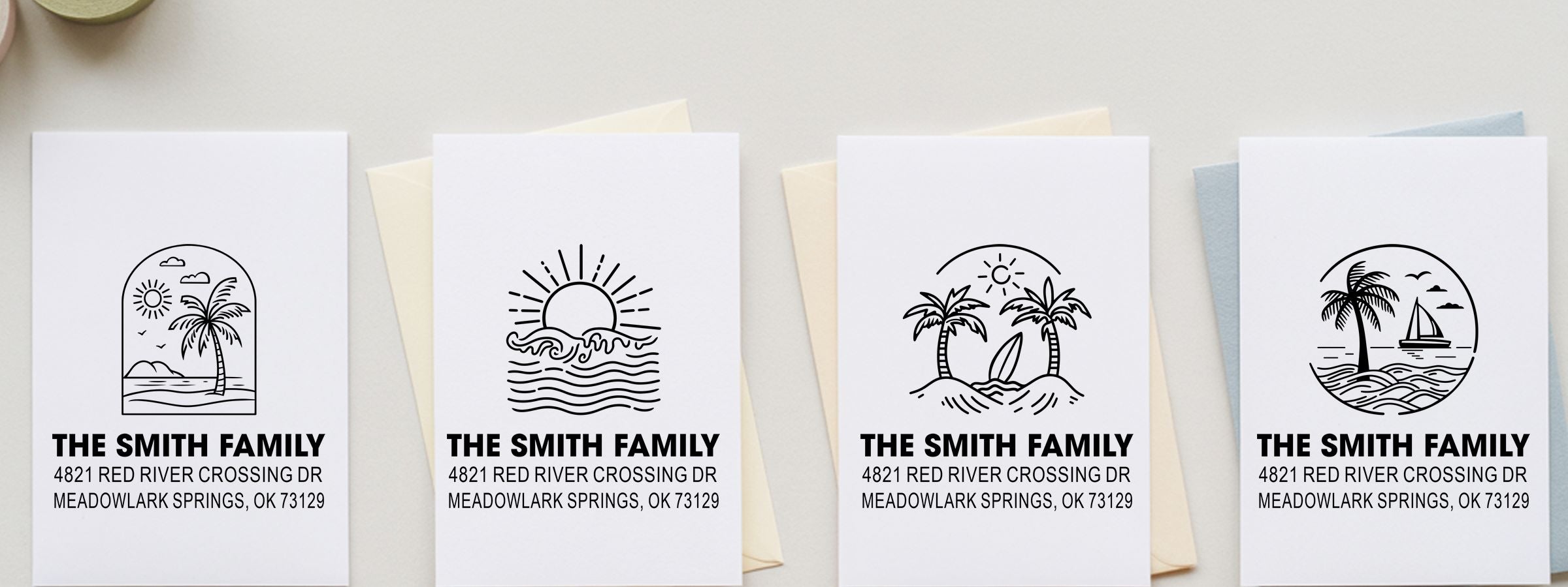 Four white invitation cards with beach icons, “THE SMITH FAMILY,” address, and Beach Themed Designer Stamps.