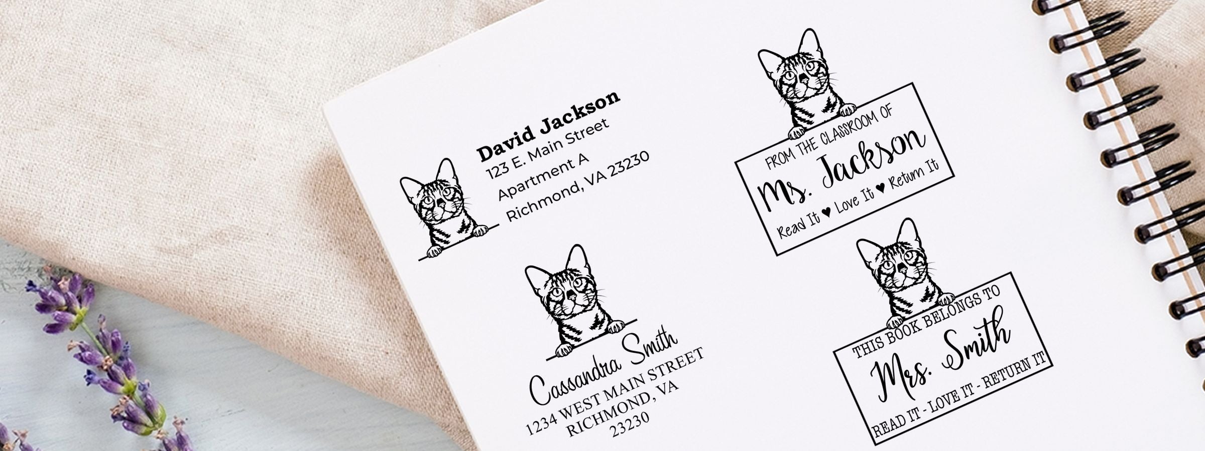 White spiral notebook with four black-and-white cat-themed book labels, sample names and addresses, plus Bengal Cat Stamps and Custom Seals.