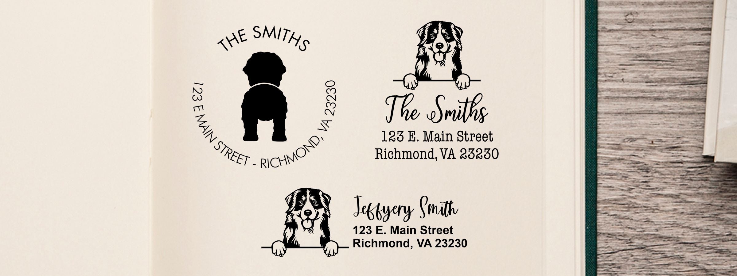 Three personalized pet address mockups for The Smiths with dog art, Bernese Mountain Dog Stamps and Custom Seals, on a cream background.
