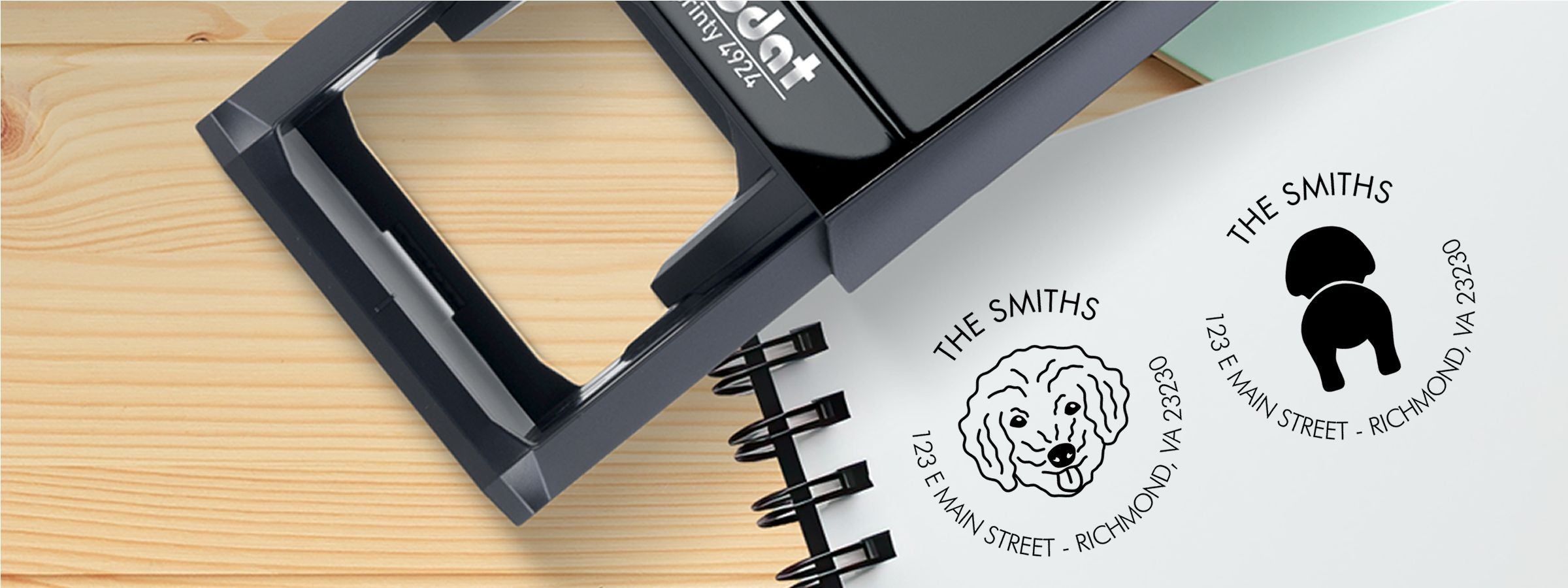 Bichon Dog Stamps and Custom Seals: black stamp press stamping The Smiths’ pet logos, dog face, cat silhouette, 123 E Main St, Richmond, VA 23230.
