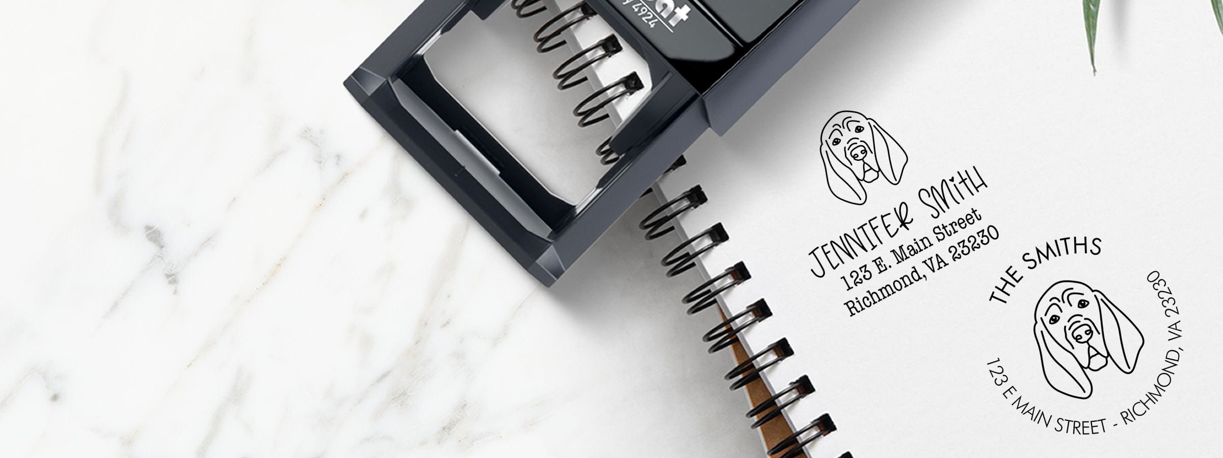 Spiral notebook mockup on white marble with custom stamp and dog labels for Jennifer Smith, The Smiths, Richmond, VA; Blood Hound Dog Stamps and Custom Seals.