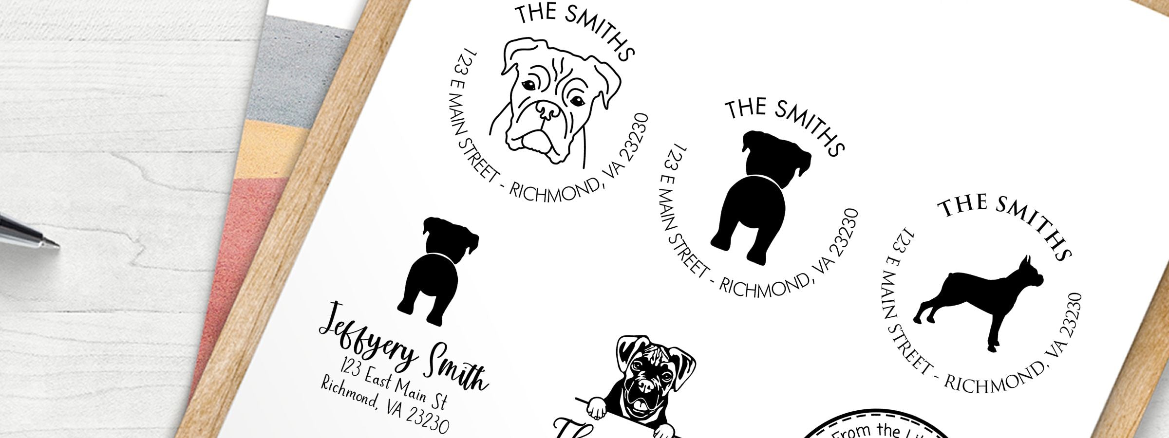 Stationery mockup of pet-themed return address logos for The Smiths, with Boxer Dog Stamps and Custom Seals, 123 E Main St, Richmond, VA 23230.