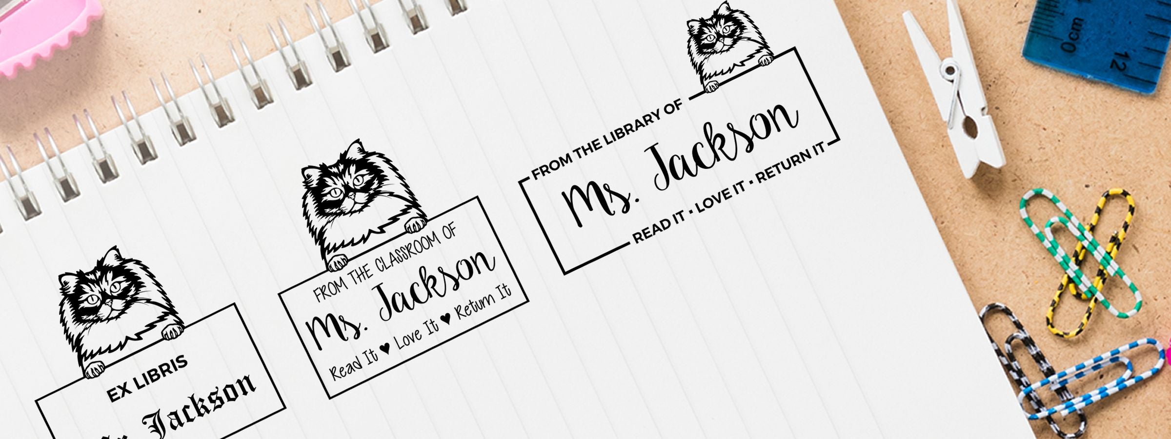 British Longhair Cat Stamps and Custom Seals: notebook page with black cat bookplate labels for Ms. Jackson, “Read it, love it, return it.”