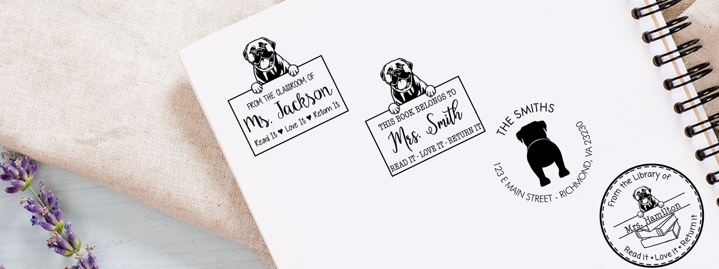 Spiral notebook of Bullmastiff Dog Stamps and Custom Seals with bookplate designs for Ms. Jackson, Mrs. Smith, and Mrs. Hamilton on lavender floral fabric.