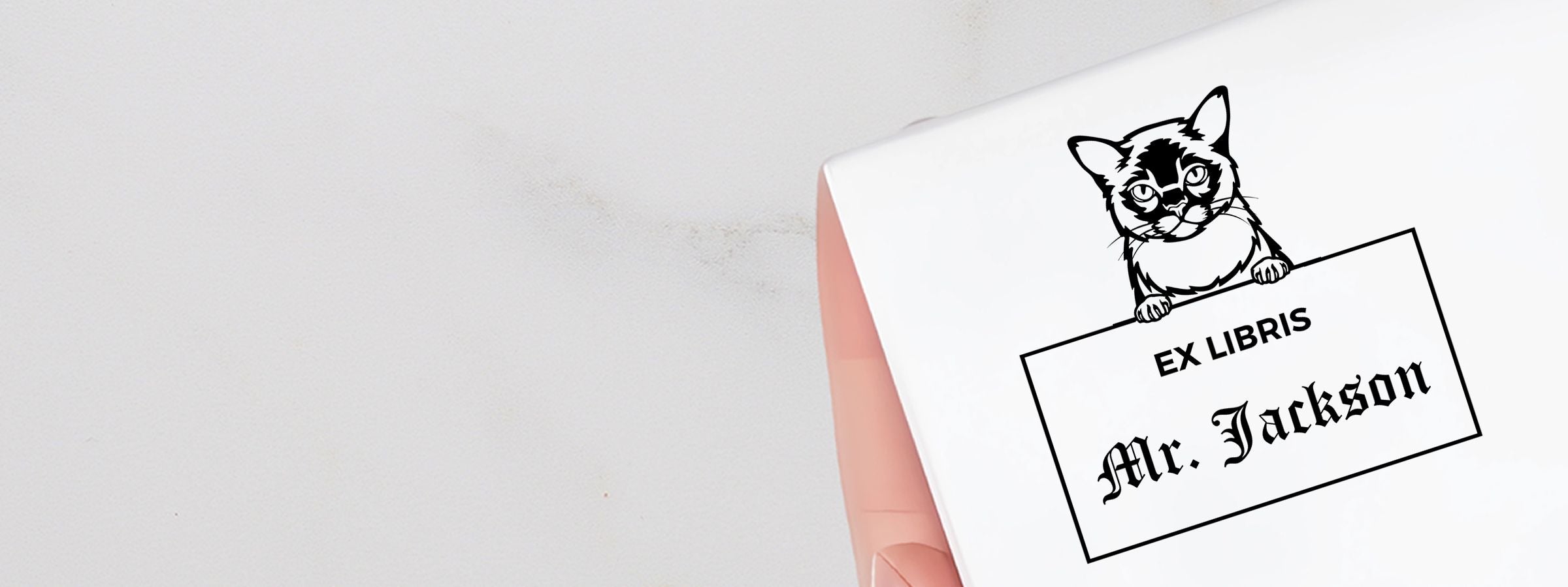 White bookplate with a cat holding “EX LIBRIS Mr. Jackson,” on a light background; Burmese Cat Stamps and Custom Seals design.