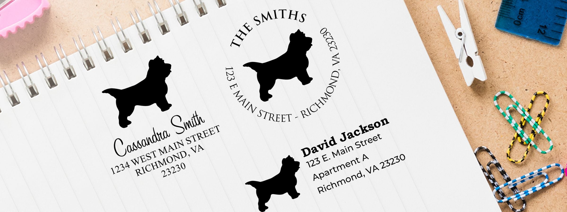 Spiral notebook with personalized address labels, black dog silhouette, and stationery; Cairn Terrier Dog Stamps and Custom Seals.