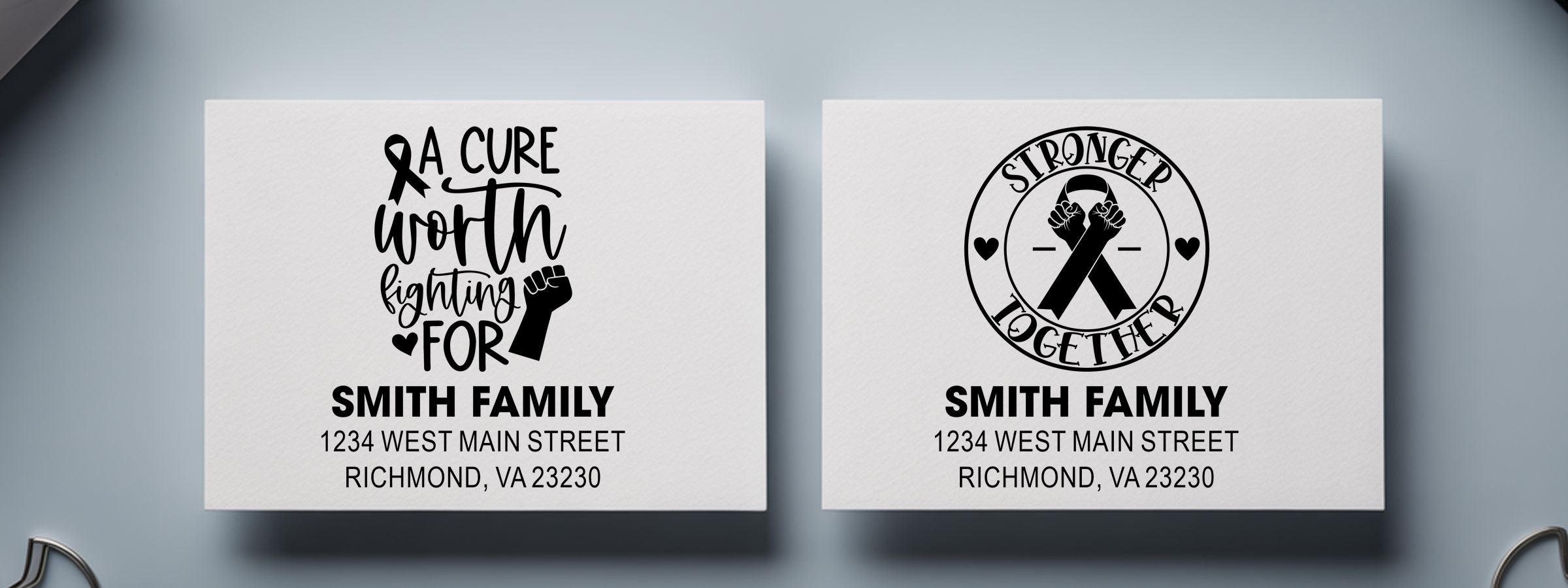 Cancer Designer Stamps: gray twin prints for SMITH FAMILY, “A cure worth fighting for” + “Stronger Together,” 1234 W Main St, Richmond, VA 23230