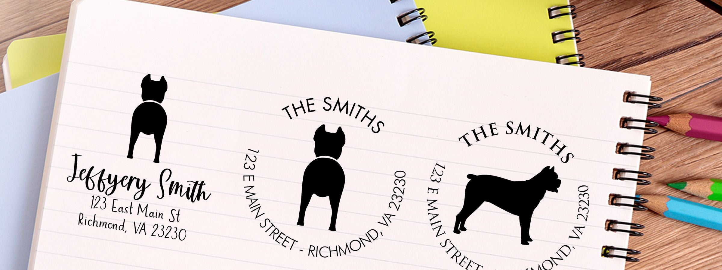 Notebook page with custom dog address labels, “THE SMITHS” seals, black dog silhouettes, and Cane Corso Dog Stamps and Custom Seals.