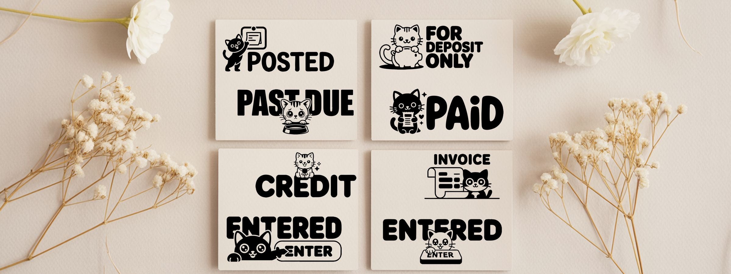 Cat and Kitten Stock Stamps showing cat-themed finance signs: Posted, Past Due, For Deposit Only, Paid, Credit Entered, Invoice Entered.