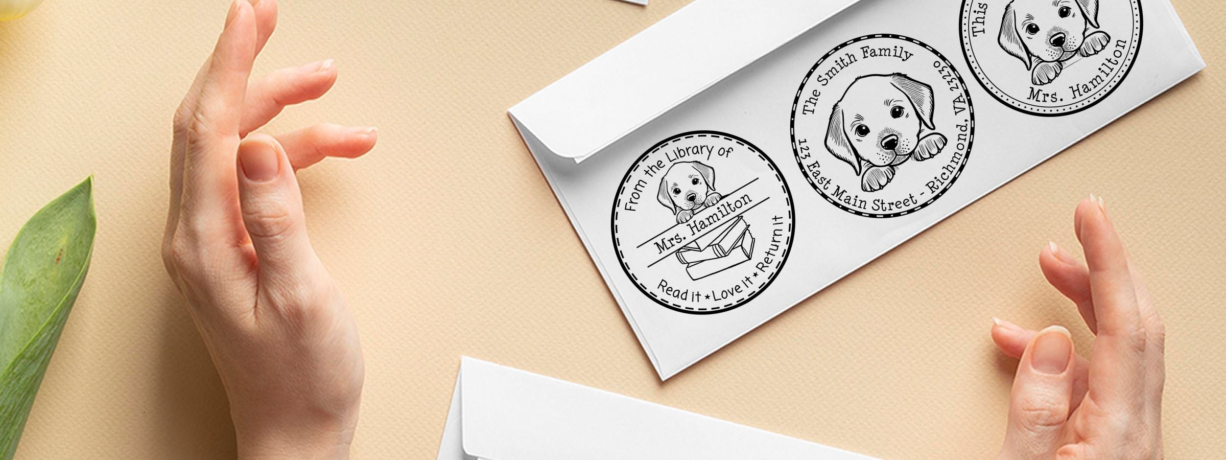 Hands frame white envelopes with circular dog return address labels on beige, featuring Chesapeake Bay Retriever Dog Stamps and Custom Seals.