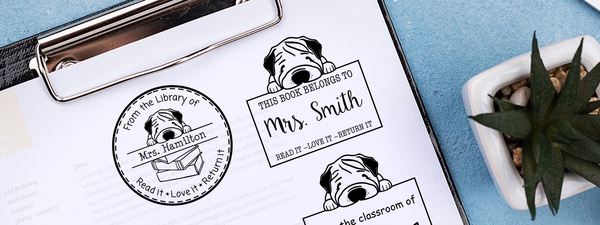 Clipboard with custom library labels, cartoon dog, Mrs. Hamilton and Mrs. Smith, plus succulent; Chinese Shar Pei Dog Stamps and Custom Seals