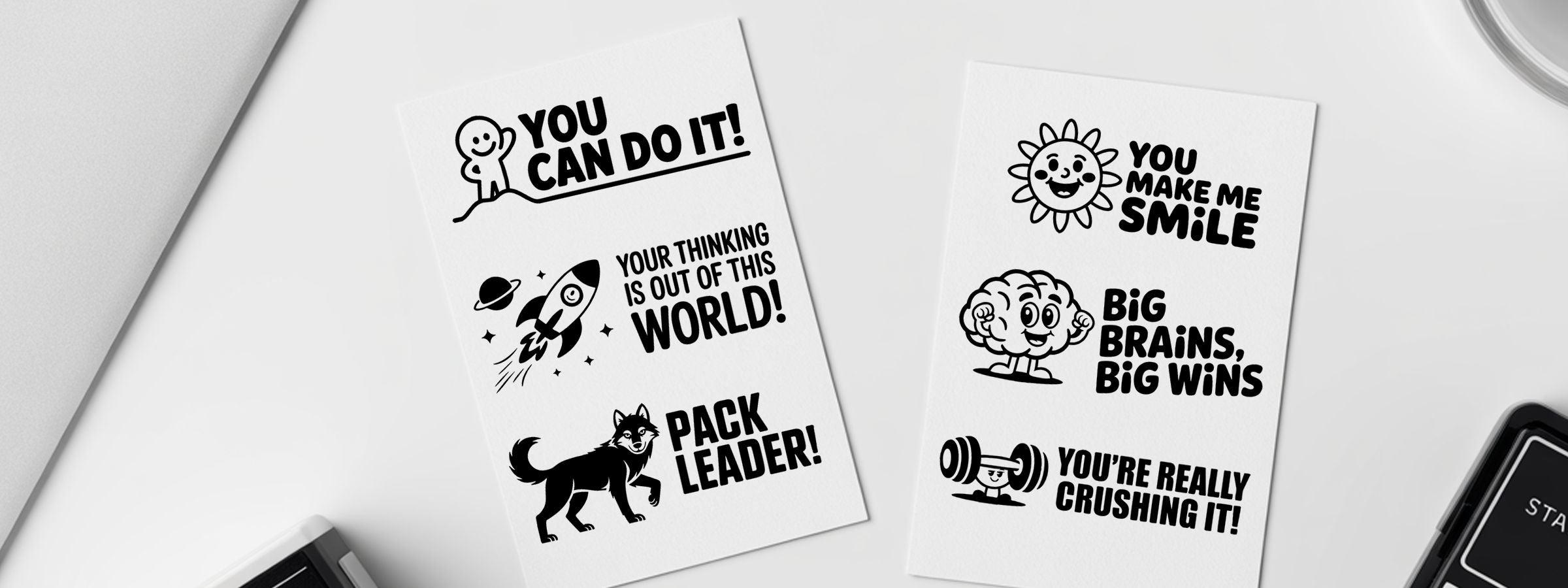 Classroom Management and Routines Stock Stamps on two white cards with black motivational phrases like “You can do it!” and “Pack leader!”
