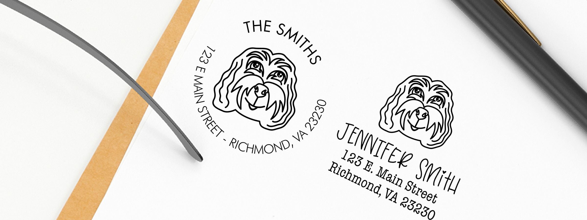 Two custom address labels with Cockapoo Dog Stamps and Custom Seals, black line-art dog face logo, Jennifer Smith, 123 E. Main Street, Richmond, VA 23230.