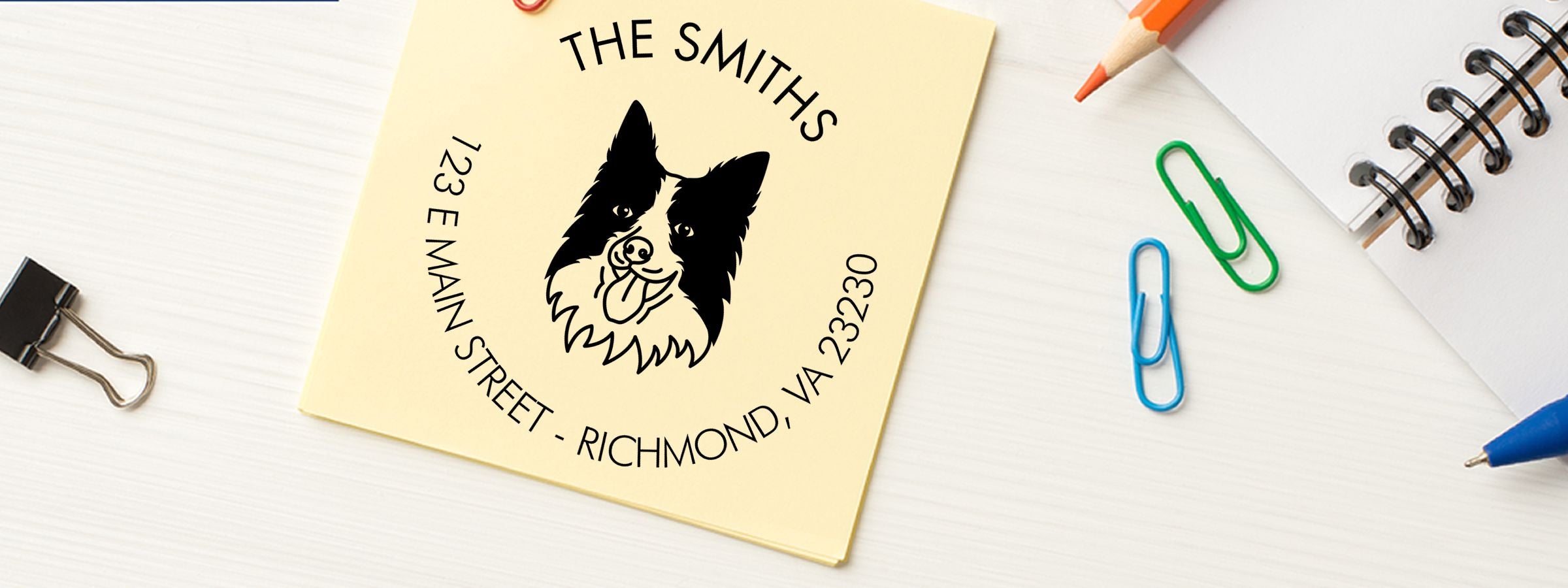 Cream address label with black dog logo and THE SMITHS, 123 E Main St, Richmond, VA; Collie Dog Stamps and Custom Seals.