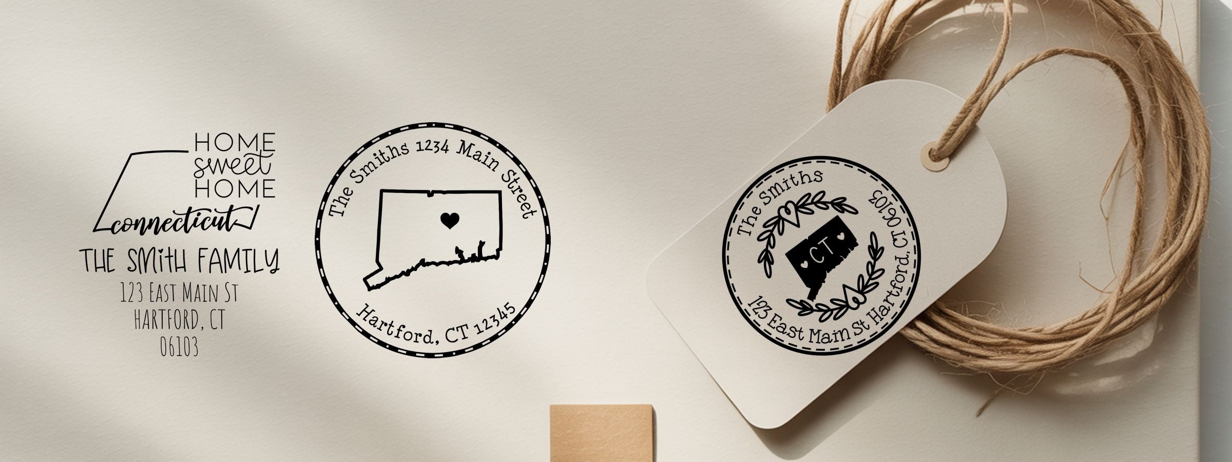 Three custom home address logo designs from Connecticut Designer Stamps and Seals on beige: Home Sweet Home Connecticut, circular stamp, twine wreath tag.