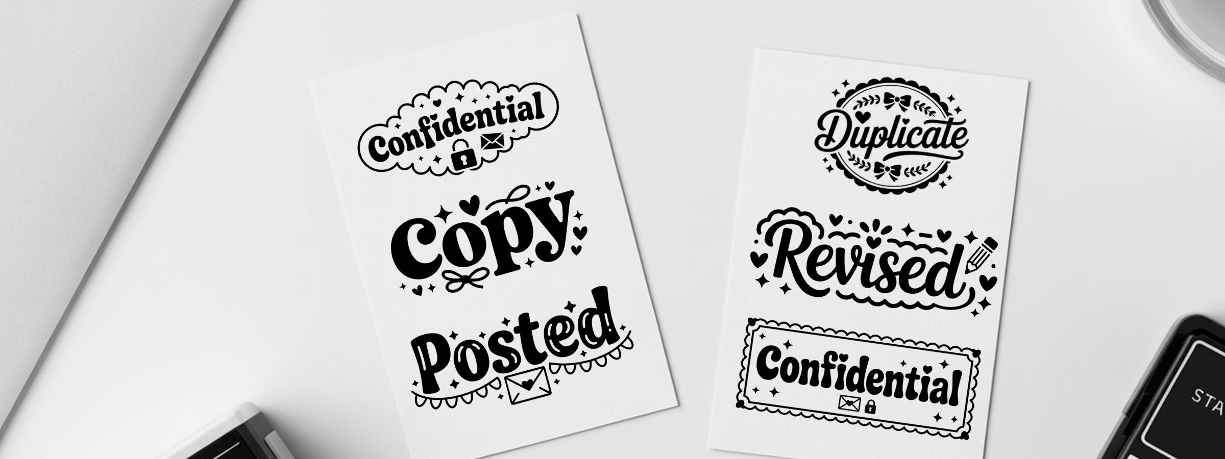 Cute Bakery Stock Stamps featuring white cards with bold decorative labels: Confidential, Copy, Posted, Duplicate, and Revised.