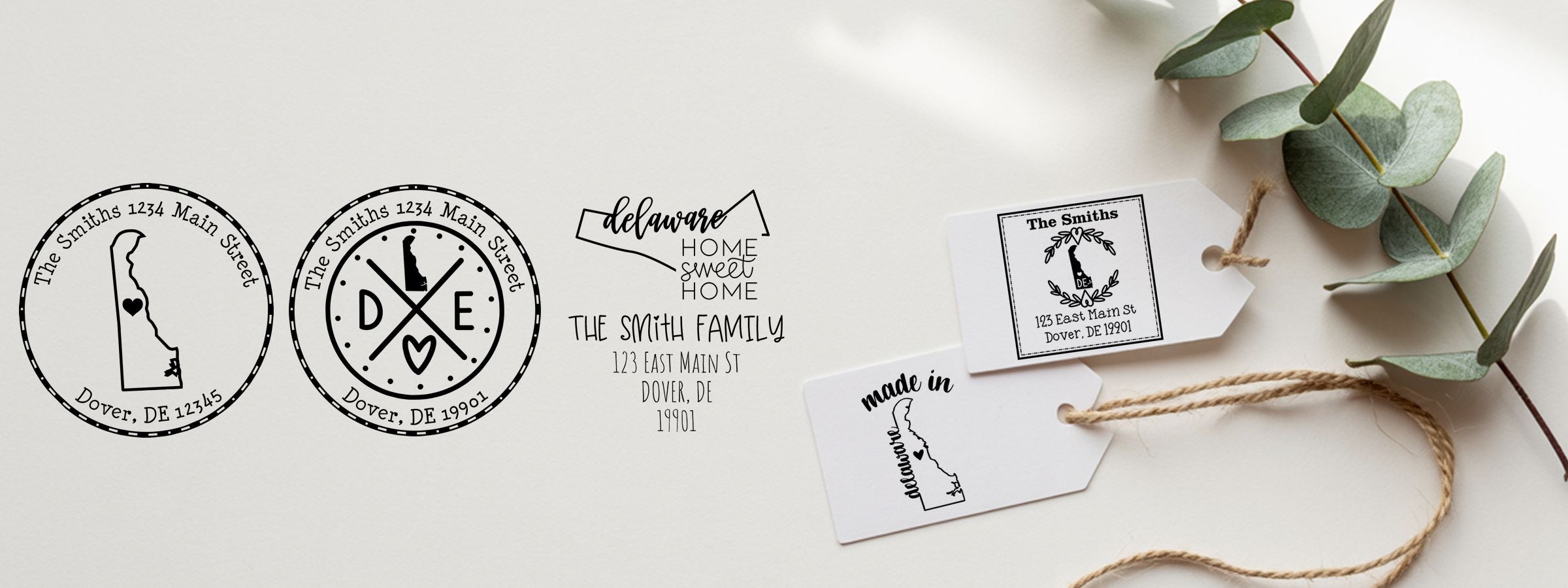 Delaware Designer Stamps and Seals mockup of personalized home address designs, “home sweet home” text, and black-and-white gift tags.