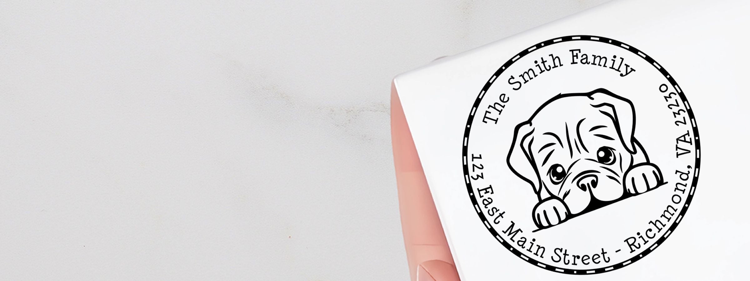 White envelope with custom black Dogue De Bordeaux Dog Stamps and Custom Seals, cartoon puppy, “The Smith Family,” 123 East Main Street, Richmond, VA 23230.