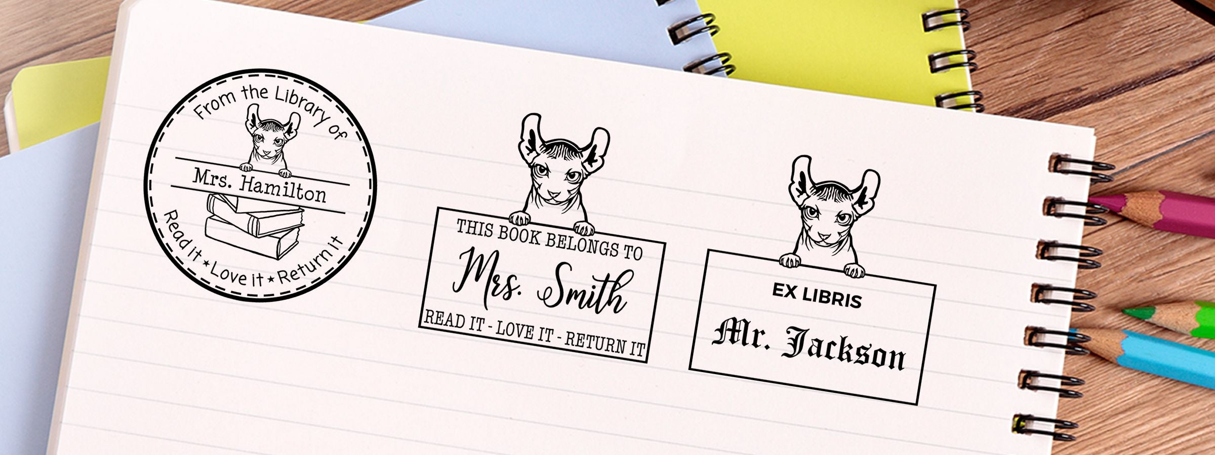 Dwelf Cat Stamps and Custom Seals: three black-and-white bookplate designs with horned animals, named Mrs. Hamilton, Mrs. Smith, and Mr. Jackson.