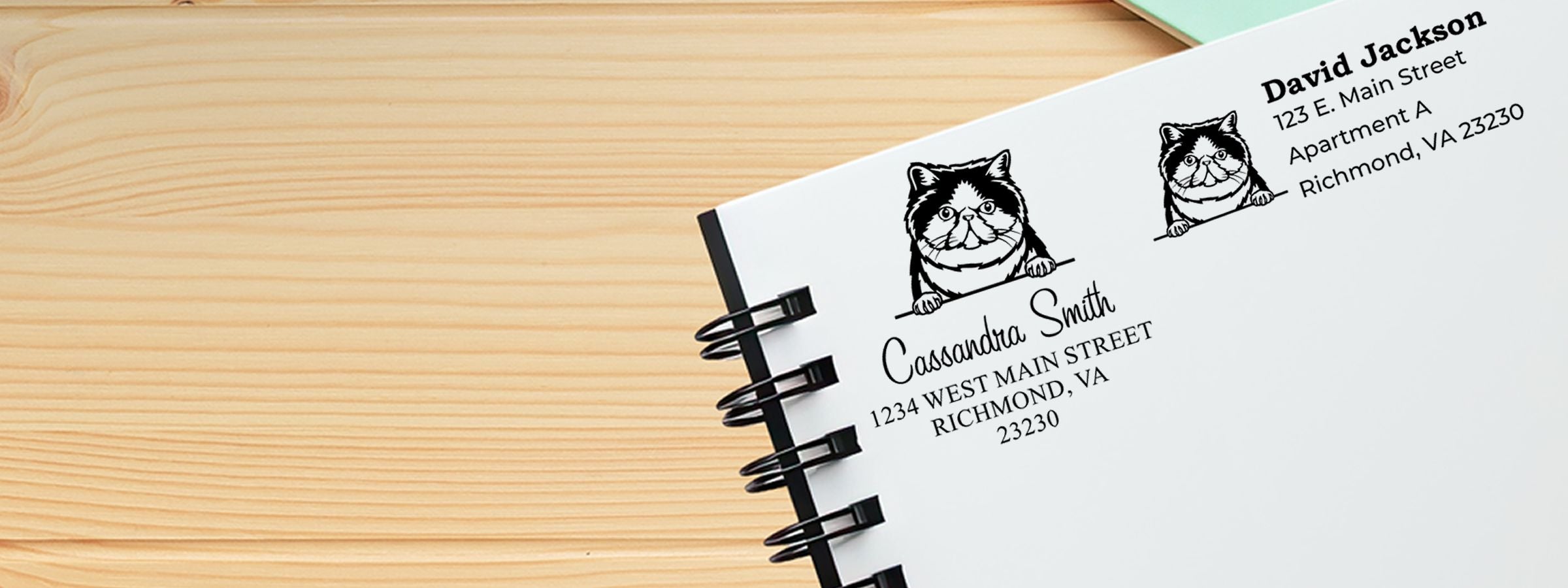 Spiral-bound notebook on a wooden desk with cat art, Exotic Shorthair Cat Stamps and Custom Seals, labels for Cassandra Smith and David Jackson.