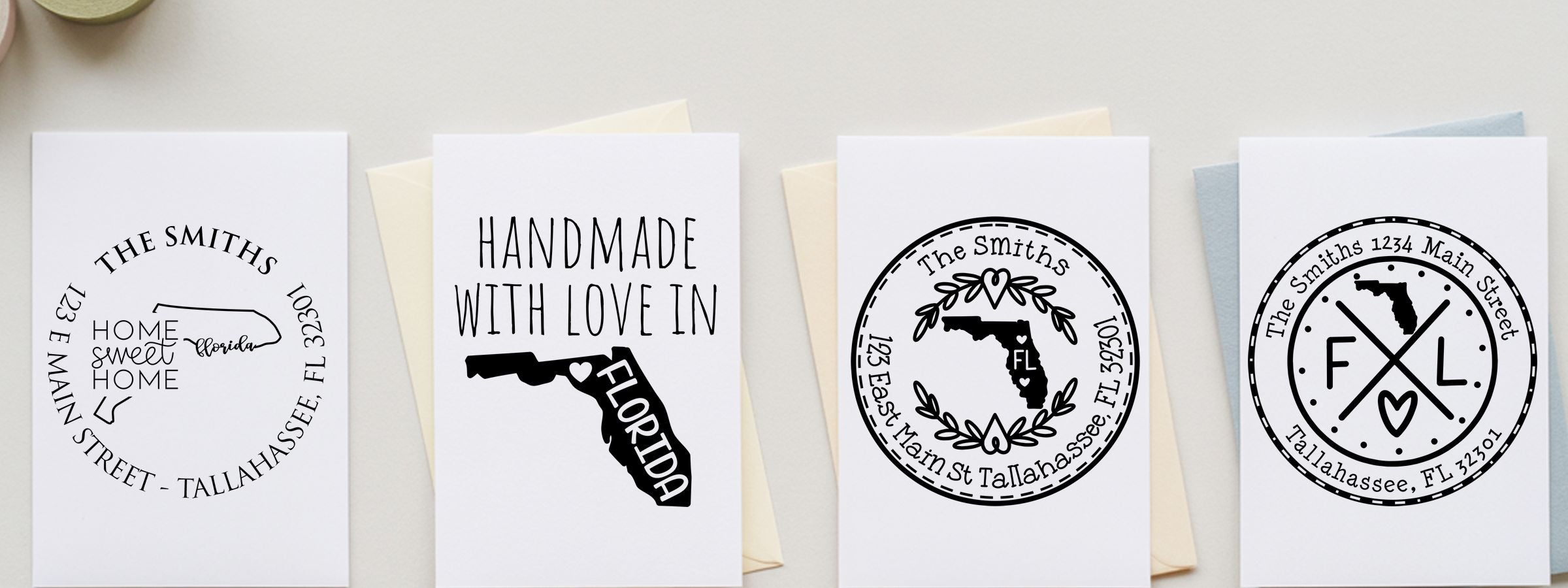 Four handmade Florida greeting cards with black designs, Tallahassee details, The Smiths personalization, and Florida Designer Stamps and Seals.