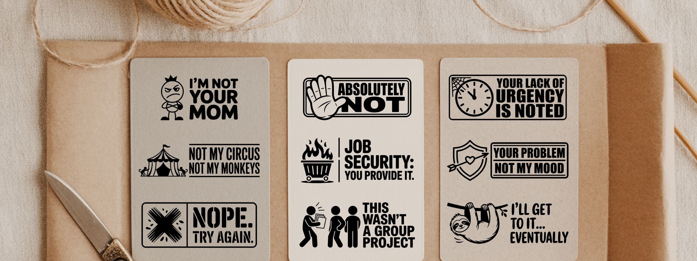 Funny Stock Stamps: six beige sticker cards with sarcastic office memes, icons, twine, and pen on kraft paper.